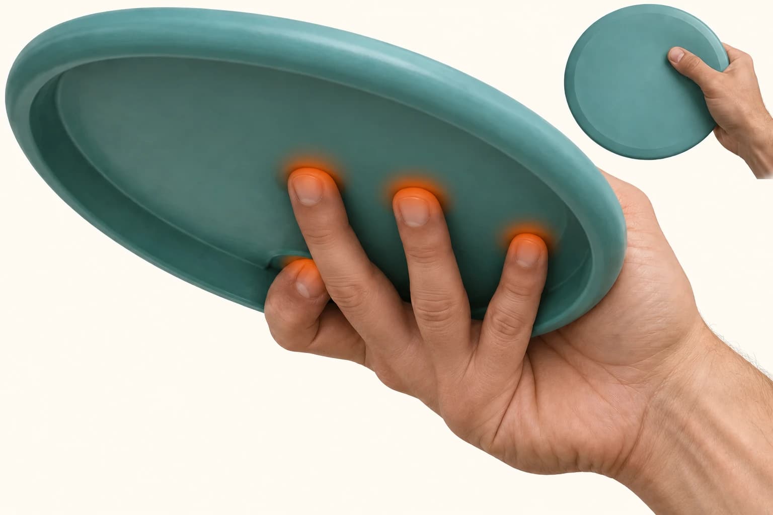 Underside view of three fingers spread across the flight plate and the index finger curled at the rim, with the thumb shown above in an inset.