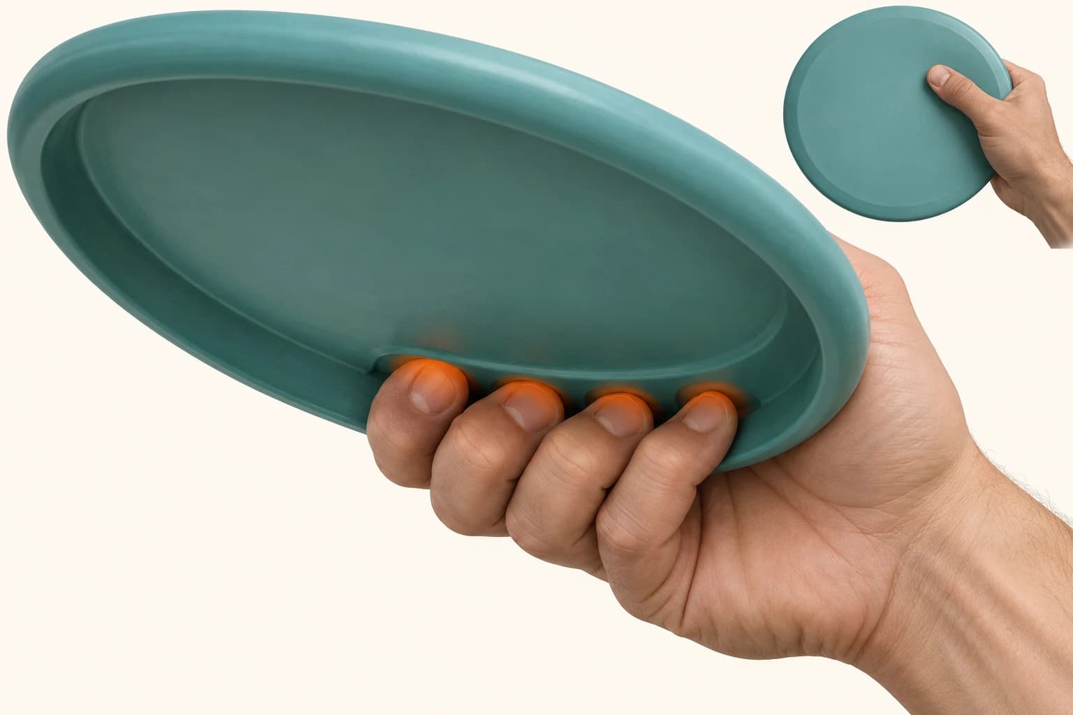 Underside view of four curled fingers contacting the inner rim, with an inset showing the thumb on top.
