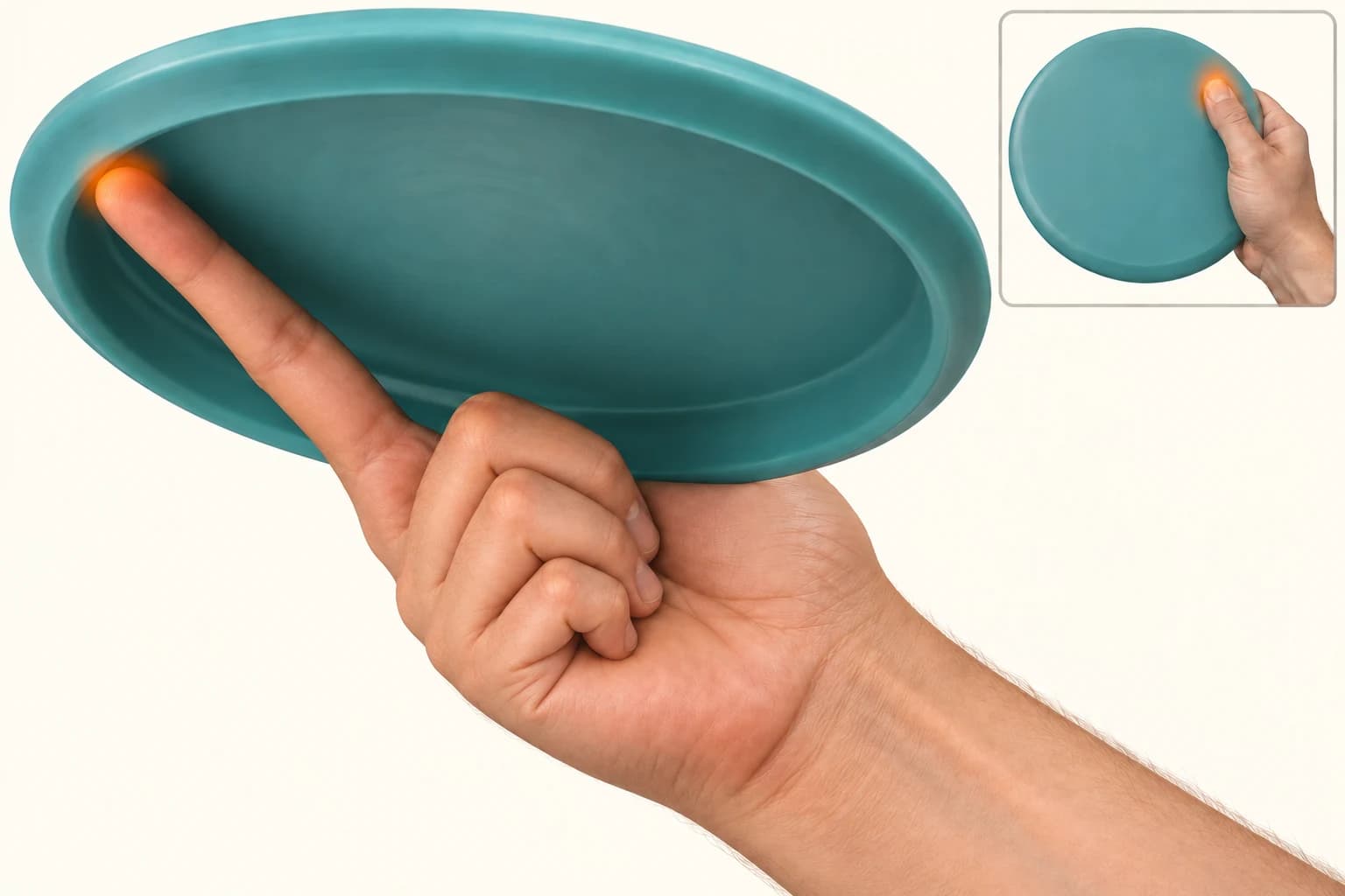 A single extended index finger touching the inner rim, with three unused fingers curled into the palm and the thumb on top in an inset.