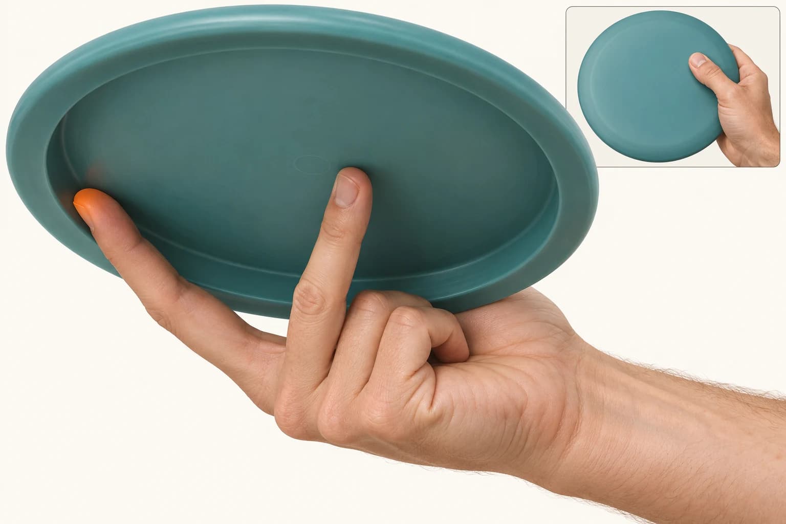 Two separated forehand fingers forming a V beneath the disc, one against the inner rim and one supporting the flat flight plate.