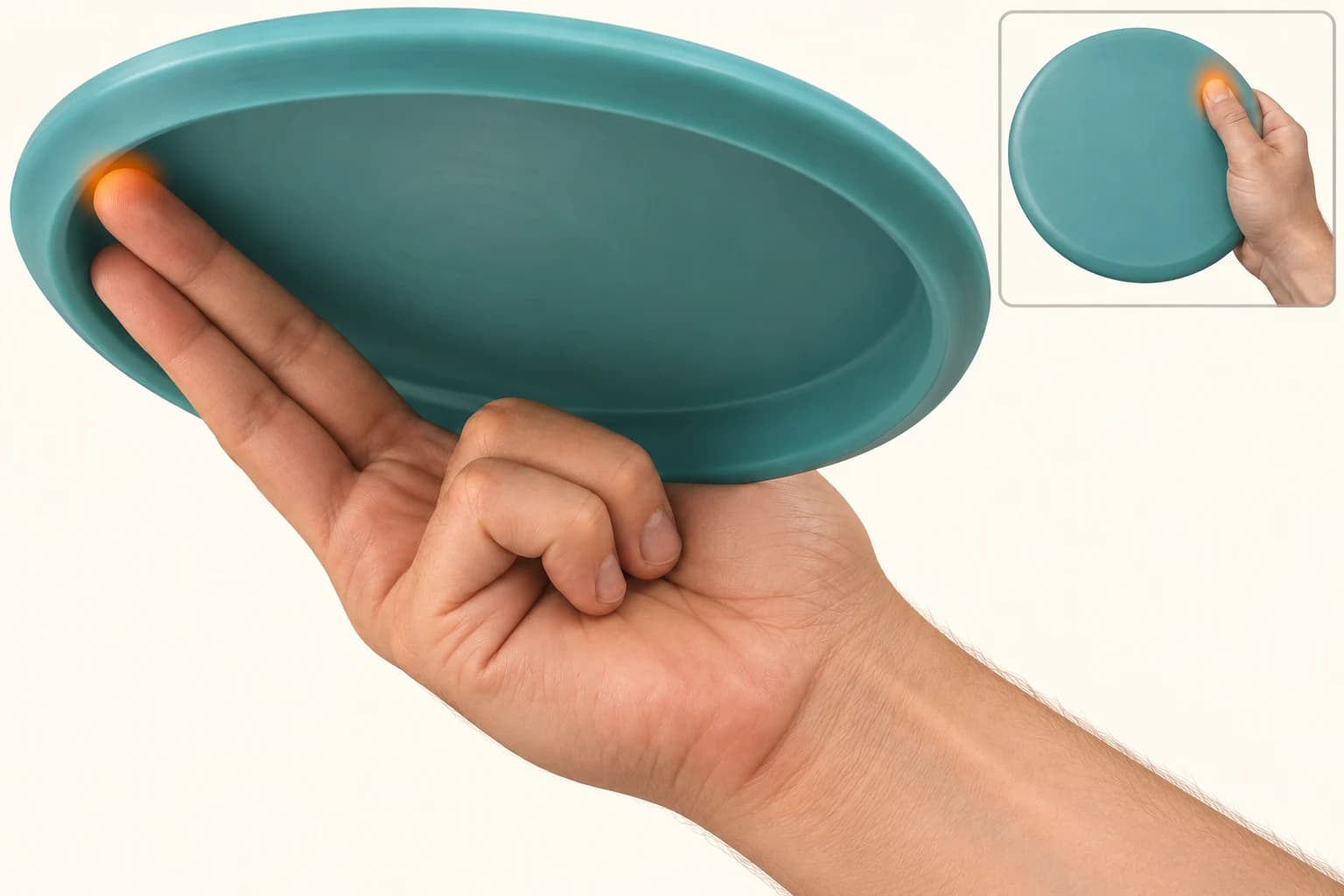 Two fingers held together under the disc, with the middle fingertip contacting the inner rim and two unused fingers tucked into the palm.