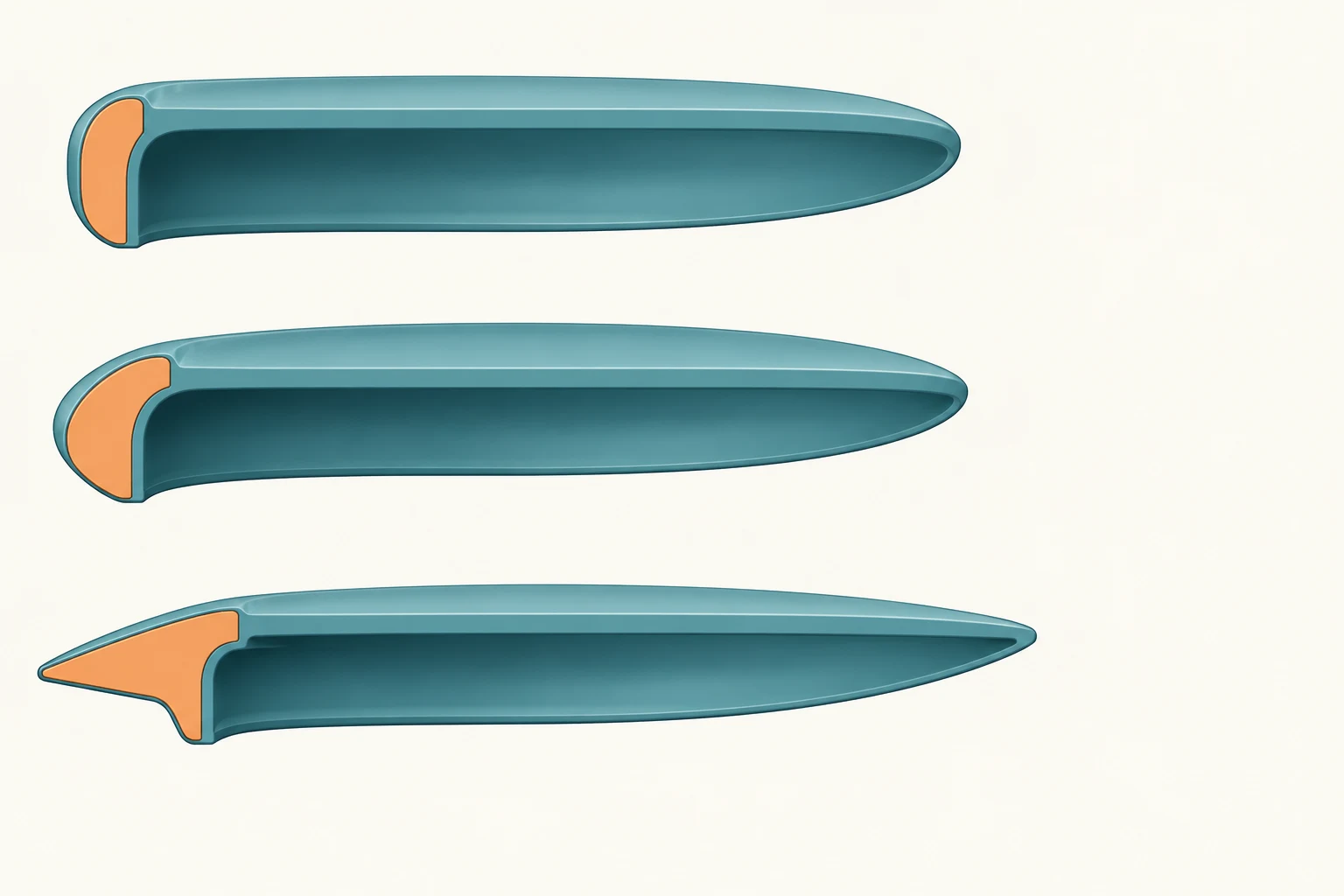 Three schematic disc cross-sections: rounded deep putter at top, moderately rounded midrange in the middle, and pointed driver with wider rim at bottom.