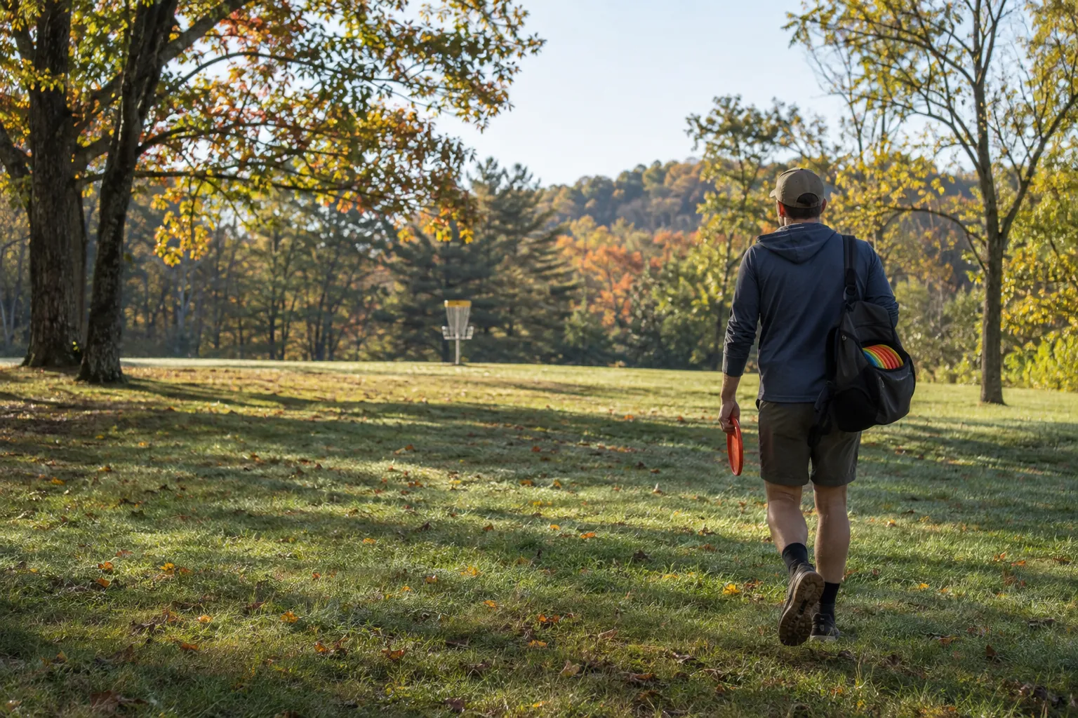 Illustration of a player walking toward a basket on a park fairway