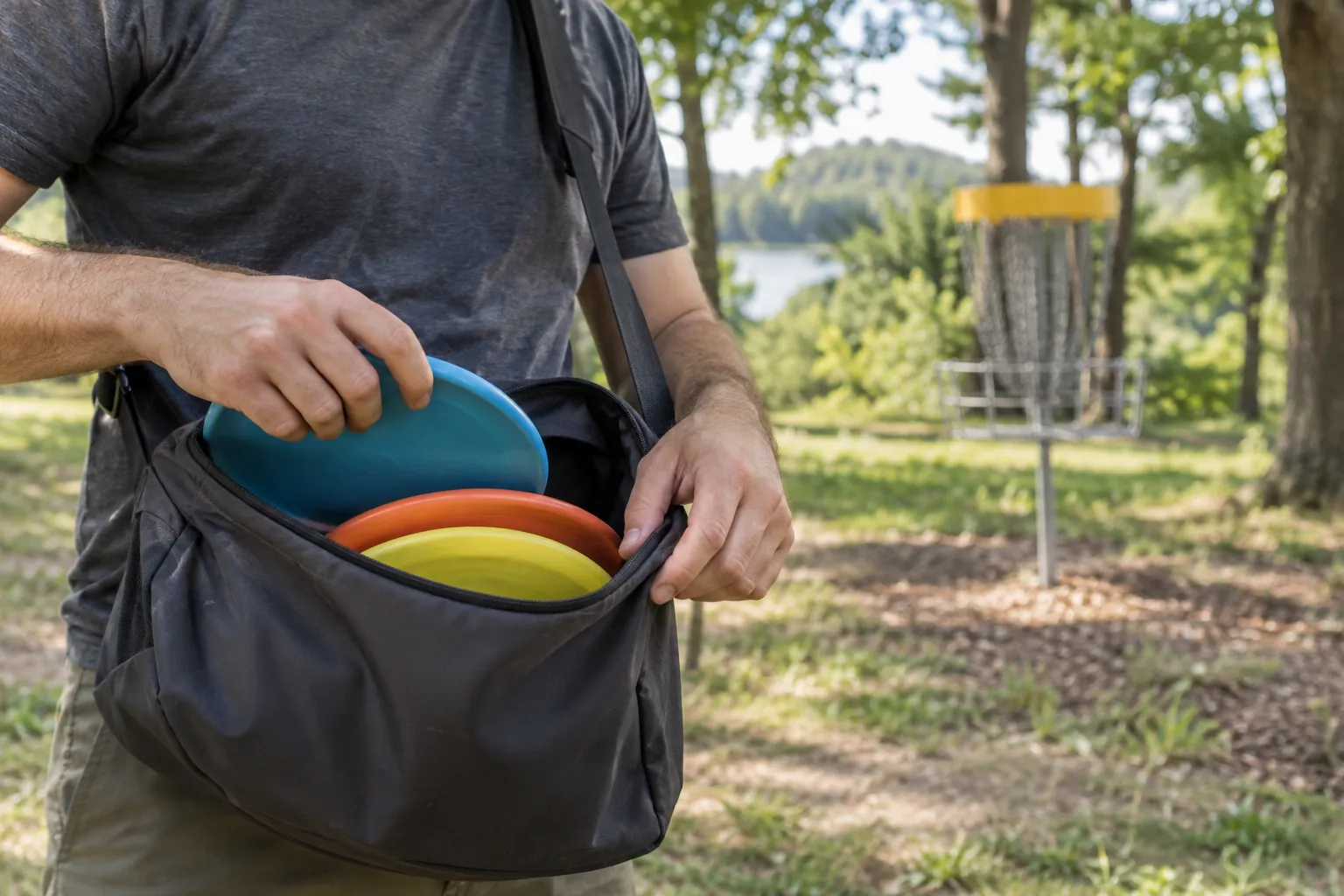 Illustration of a player choosing among three discs from a small bag