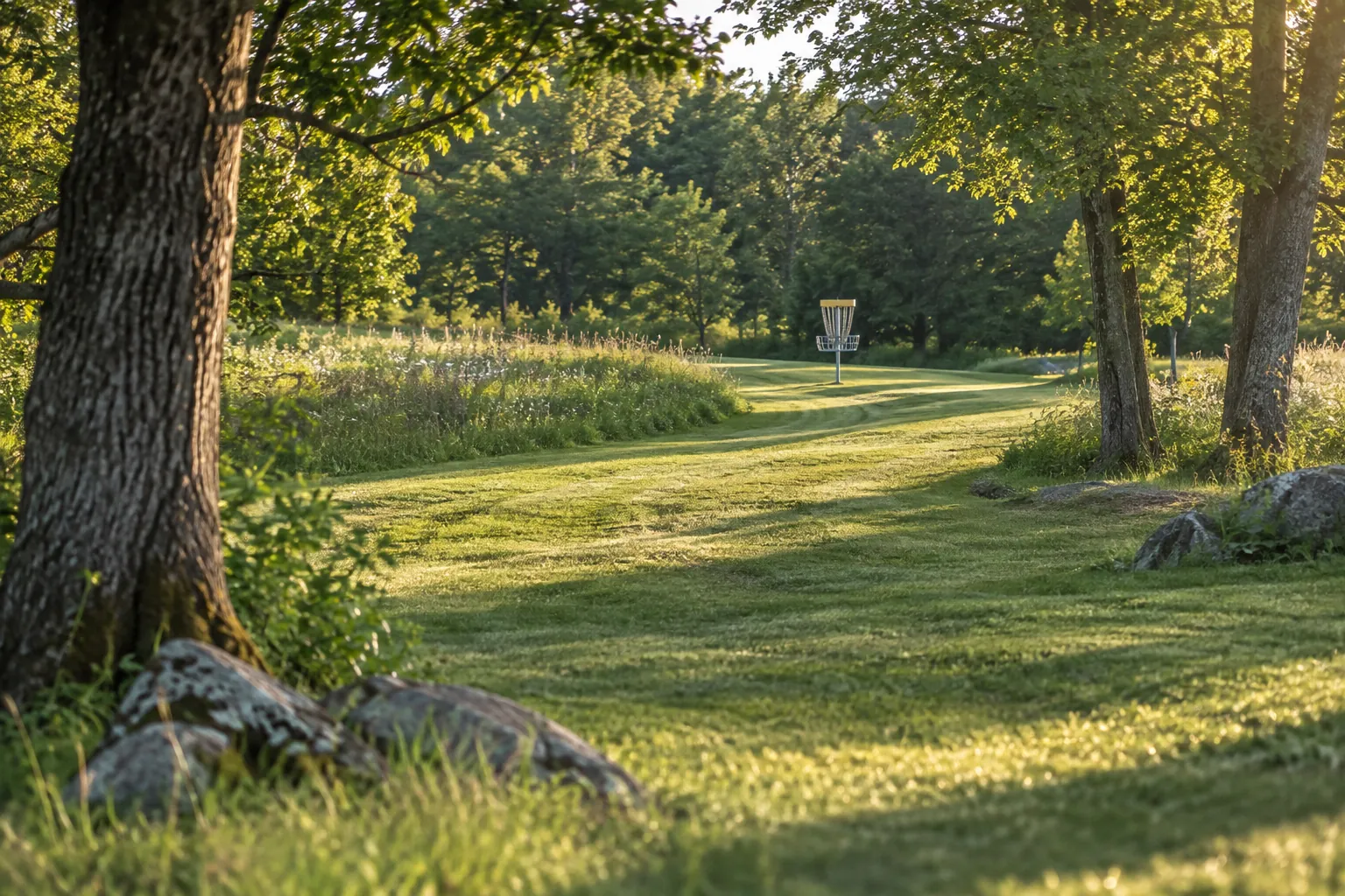 Illustration of a wooded disc golf fairway and basket