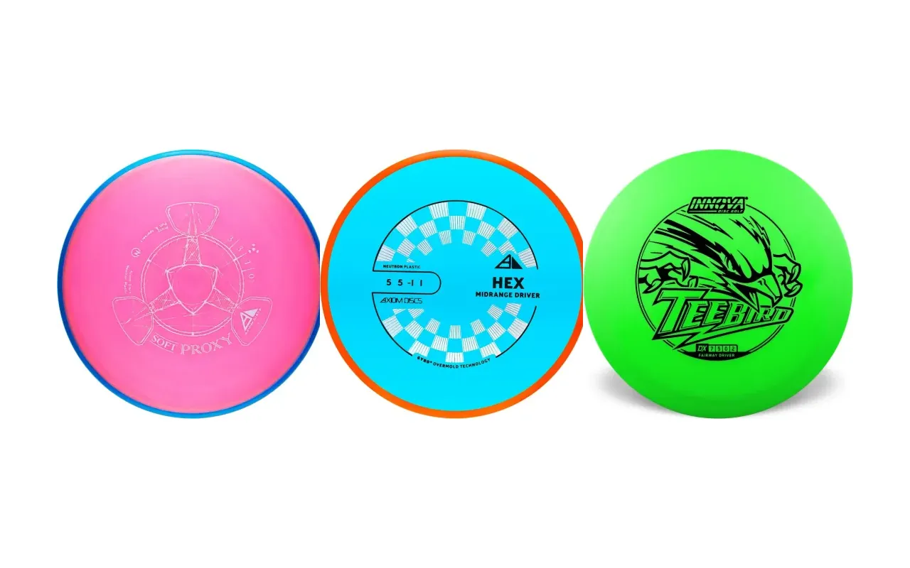 Axiom Proxy, Axiom Hex and Innova TeeBird discs in manufacturer product photographs