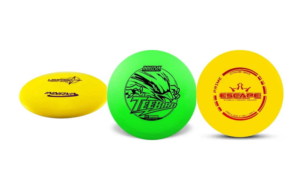Innova Leopard, Innova TeeBird and Dynamic Discs Escape discs in manufacturer product photographs