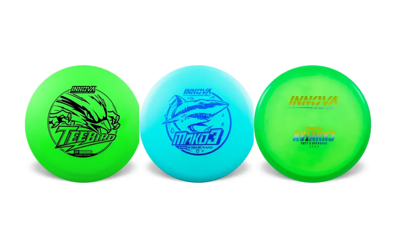 Innova TeeBird, Innova Mako3 and Innova AviarX3 discs in manufacturer product photographs